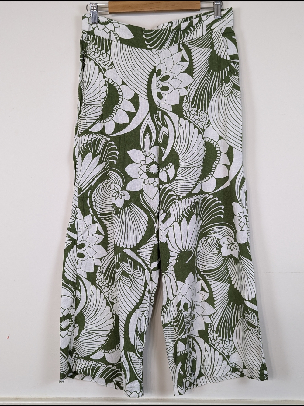 Christian Siriano Olive Green and White Floral Wide-Leg Pants